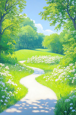 JPG 나무 꽃 길 백그라운드 일러스트 자연 하늘 바람 풍경 초록색 여름 햇빛 평화 봄 산책로 숲 즐거움 화사함 국내일러스트 AI일러스트 AI콘텐츠 자연요소 식물 계절 감정 컬러 컨셉 날씨 태양 생태계 파일형식