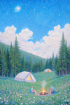 JPG 꽃 별 여행 일러스트 자연 하늘 바람 휴식 텐트 이야기 사람 초원 취미 여름 친구 평화 캠핑 저녁 숲 모닥불 국내일러스트 AI일러스트 AI콘텐츠 자연요소 식물 계절 컨셉 관계 불 레저 날씨 캠핑도구 야간 생태계 파일형식