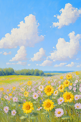 JPG 구름 꽃 일러스트 자연 하늘 날씨 해바라기 풍경 초원 초록색 여름 햇빛 들꽃 시골 연못 만개 뷰티풀 국내일러스트 AI일러스트 AI콘텐츠 자연요소 식물 계절 컬러 태양 생태계 파일형식