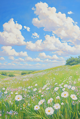 JPG 식물 구름 일러스트 자연 하늘 생명 풍경 초원 야외 여름 파란색 햇빛 평화 산책 흰색 그림 조경 뷰티풀 평야 국내일러스트 AI일러스트 AI콘텐츠 자연요소 계절 컬러 컨셉 휴식 태양 생태계 파일형식