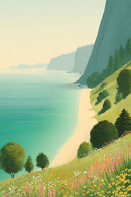 JPG 나무 여유 모래 바다 여행 일러스트 자연 휴식 풍경 초원 해변 여름 고요 절벽 색감 수목 풍경화 국내일러스트 AI일러스트 AI콘텐츠 식물 계절 감정 컨셉 그림 생태계 파일형식