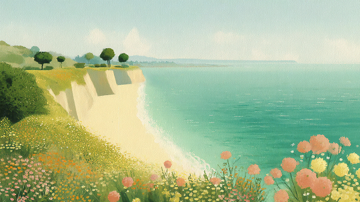 JPG 나무 꽃 바다 여행 일러스트 자연 풍경 해변 여름 산책 절벽 들꽃 편안함 언덕 조화 뷰티풀 국내일러스트 AI일러스트 AI콘텐츠 식물 계절 휴식 감각 생태계 파일형식