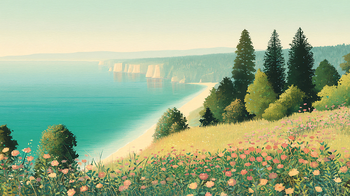 JPG 나무 식물 꽃 바다 컬러 여행 일러스트 가족 자연 휴식 풍경 해변 여름 파란색 햇빛 평화 산책 절벽 뷰티풀 국내일러스트 AI일러스트 AI콘텐츠 계절 컨셉 관계 태양 생태계 파일형식