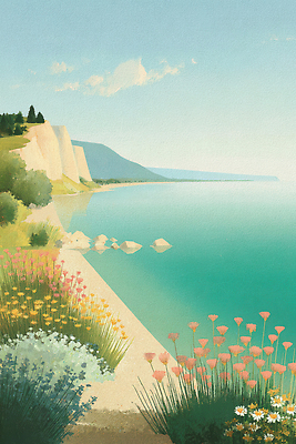 JPG 식물 꽃 바다 여행 일러스트 자연 하늘 산 풍경 해변 여름 파란색 평화 수면 조화 뷰티풀 풍경화 국내일러스트 AI일러스트 AI콘텐츠 계절 컬러 컨셉 물 그림 생태계 파일형식