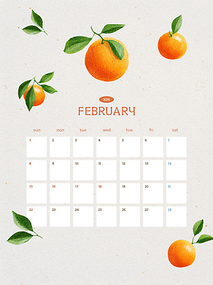 편집이미지 디자인 컬러 잎 오렌지 일상 그래픽 장식 달력 계획 서식 2월 2026년 AI파일 식물 컨셉 과일 라이프 날짜 연도 파일형식 벡터