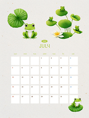 식물 동물 편집이미지 디자인 컬러 자연 연꽃 개구리 장식 여름 달력 연못 작업 7월 2020년 AI파일 계절 꽃 양서류 날짜 연도 생태계 파일형식 벡터