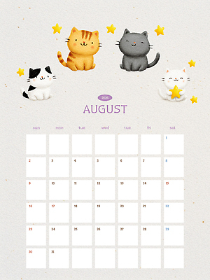 동물 편집이미지 디자인 별 컬러 백그라운드 그래픽 고양이 달력 일기 계획 그림 레이아웃 8월 2020년 AI파일 자연요소 컨셉 포유류 반려동물 날짜 연도 파일형식 벡터