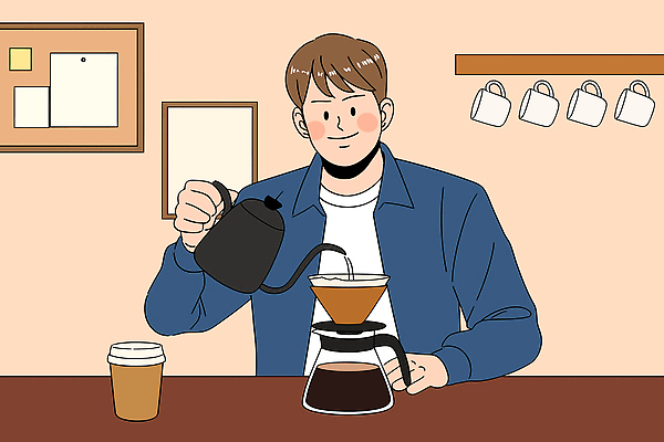 손 남자 커피 음료 일러스트 탁자 주전자 아침 일상 컵 카페 원두 작업 즐거움 바리스타 카페인 필터 국내일러스트 AI파일 주간 직업 식기 감정 가구 주방용품 사람 라이프 신체부위 상점 파일형식 벡터