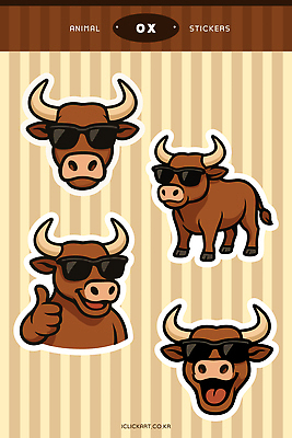 동물 캐릭터 디자인 감정 포즈 스티커 일러스트 장식 선글라스 농장 갈색 귀여움 디지털 기쁨 표현 메시지 소 파일 일러캐릭터 AI파일 안경 컬러 컨셉 농업 포유류 파일형식 벡터