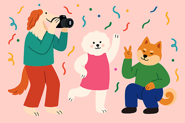 동물 캐릭터 디자인 분홍색 포즈 백그라운드 일러스트 장신구 아이디어 웃음 장식 친구 컬러풀 파티 카메라 촬영 활발 강아지 즐거움 소통 일러캐릭터 AI파일 감정 컬러 컨셉 관계 표정 이벤트 전자제품 반려동물 개 파일형식 벡터