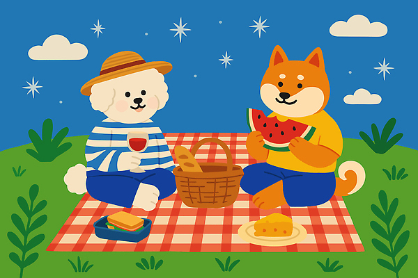 캐릭터 행복 음식 과일 일러스트 자연 디저트 수박 풍경 잔디 야외 여름 친구 햇빛 소풍 바구니 매트 강아지 즐거움 그림 일러캐릭터 AI파일 식물 계절 감정 관계 반려동물 태양 야외활동 개 생태계 파일형식 벡터