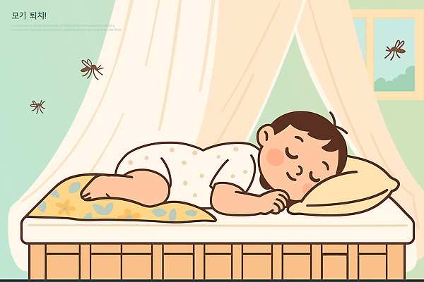 어린이 일러스트 가정 베개 휴식 실내 햇빛 평화 방 침대 아기 잠 수면 포근함 편안함 유아복 모기 아기침대 국내일러스트 AI파일 옷 가구 컨셉 침구 사람 내부 물 태양 아기용품 감각 해충 파일형식 벡터