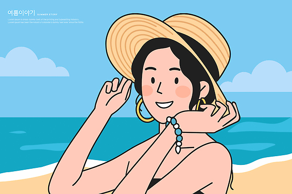 모자 옷 여자 행복 파도 바다 일러스트 장신구 미소 해변 일상 여름 햇빛 사진촬영 편안함 즐거움 뷰티풀 스타일 국내일러스트 AI파일 잡화 계절 감정 표정 사람 라이프 태양 촬영 감각 파일형식 벡터