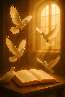 JPG 편집이미지 창 자연 책 빛 독서 문 평화 고요 공간 분위기 비둘기 감성 뷰티풀 편집실사 AI포토 AI콘텐츠 무기 컨셉 조류 CG 생태계 파일형식