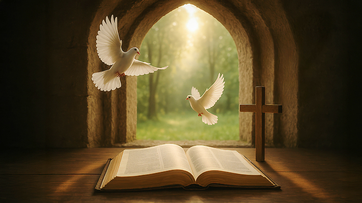 JPG 편집이미지 기독교 종교 십자가 평화 성경 영혼 창가 명상 비둘기 조화 인내 편집실사 AI포토 AI콘텐츠 컨셉 종교용품 창문 조류 CG 파일형식