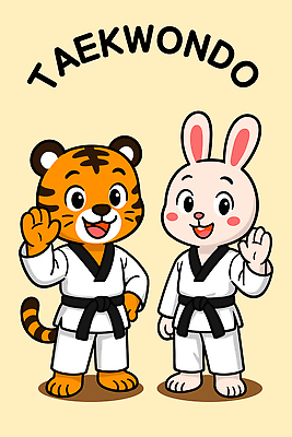 캐릭터 어린이 백그라운드 일러스트 도복 웃음 친구 운동복 학습 운동 귀여움 무도 토끼 인사 호랑이 만화 즐거움 태권도 액션 일러캐릭터 AI파일 옷 교육 감정 스포츠 컨셉 포유류 관계 표정 건강 사람 반려동물 격투기 예절 파일형식 벡터