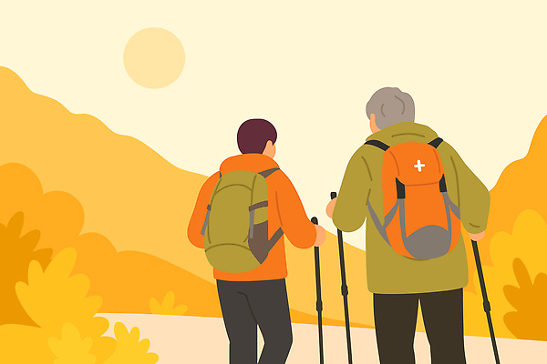 노년 남자 여유 일러스트 배낭 가족 자연 산 건강 대화 풍경 친구 운동 야외활동 걷기 트래킹 하이킹 가을 등산스틱 국내일러스트 AI파일 계절 감정 가방 관계 모션 레저 말하기 사람 성인 생태계 등산용품 파일형식 벡터