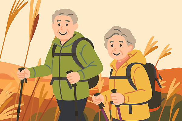 여유 여행 일러스트 자연 건강 웃음 풍경 취미 초록색 노부부 산책 등산 하이킹 원근감 가을 등산복 즐거움 등산스틱 국내일러스트 AI파일 부부 옷 계절 감정 뷰포인트 컬러 레저 휴식 표정 트래킹 생태계 등산용품 파일형식 벡터