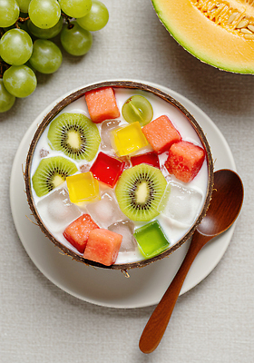 JPG 편집이미지 음료 과일 탁자 포도 디저트 수박 컵 여름 신선 멜론 코코넛 젤리 편집실사 AI포토 AI콘텐츠 식기 계절 음식 가구 CG 파일형식