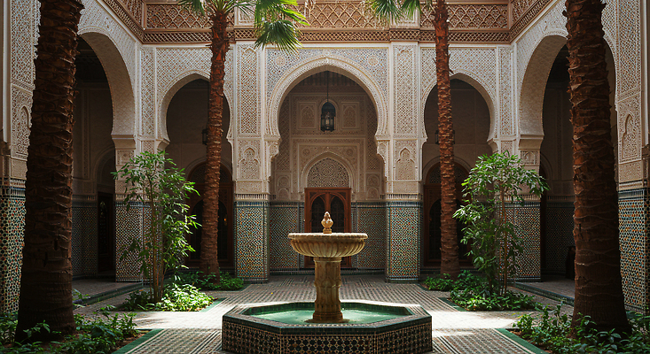 JPG 편집이미지 전통 건축 문화 햇빛 궁전 역사 열대식물 분수 조경 조화 모로코 사철나무 안뜰 편집실사 AI포토 AI콘텐츠 나무 식물 고건축 아프리카 태양 CG 파일형식