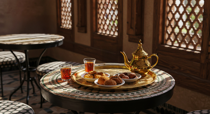 JPG 편집이미지 전통 문화 커피 탁자 인테리어 햇빛 카페 환대 차 달콤 찻잔 고객 다과 모로코 편집실사 AI포토 AI콘텐츠 디자인 음료 가구 컨셉 아프리카 디저트 잔 태양 상점 맛 CG 파일형식