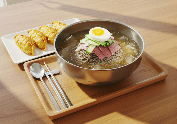 JPG 편집이미지 한식 채소 육류 요리 여름 햇빛 식사 고명 맛 만두 냉면 국물 점심 건강식 오후 편집실사 AI포토 AI콘텐츠 계절 음식 컨셉 식재료 여름음식 태양 CG 파일형식