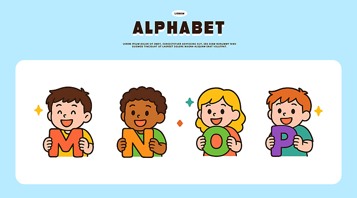 캐릭터 알파벳 교육 어린이 일러스트 모션 함께함 그래픽 학습 유치원 P N 즐거움 그림 O M 소통 밝은색 일러캐릭터 AI파일 영어 감정 컨셉 사람 파일형식 벡터