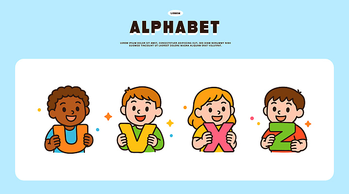 문자 캐릭터 알파벳 교육 문화 어린이 컬러 백그라운드 일러스트 모션 놀이 웃음 친구 학습 다양 표현 만화 즐거움 학원 창의성 일러캐릭터 AI파일 영어 감정 다수 관계 표정 사람 파일형식 벡터