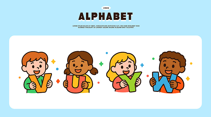 무료이미지 문자 캐릭터 알파벳 교육 초등학생 어린이 컬러 일러스트 모션 놀이 표정 여러명 친구 학습 아기 즐거움 그림 교육자료 상상력 창의력 일러캐릭터 AI파일 학생 영어 감정 다수 관계 사람 자료 파일형식 벡터