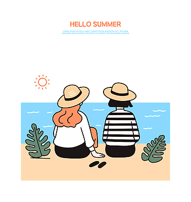 모자 여유 파도 바다 여행 일러스트 자연 하늘 휴식 해변 여름 친구 햇빛 평화 시간 즐거움 조용 동반자 국내일러스트 AI파일 잡화 계절 감정 컨셉 관계 태양 생태계 파일형식 벡터