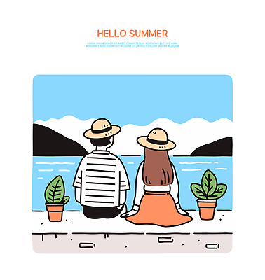 모자 커플 화초 바다 여행 일러스트 관계 자연 휴식 사랑 앉기 풍경 해변 여름 친구 햇빛 시간 편안함 즐거움 뷰티풀 오후 국내일러스트 AI파일 식물 잡화 계절 감정 컨셉 모션 태양 감각 생태계 파일형식 벡터