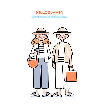 캐릭터 모자 디자인 여자 패션 컬러 가방 일러스트 해변 여름 유행 귀여움 줄무늬 만화 여름옷 스타일 분신 일러캐릭터 AI파일 잡화 옷 계절 바다 컨셉 무늬 사람 파일형식 벡터 여름_계절