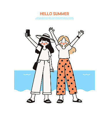 옷 여자 행복 감정 바다 일러스트 휴가 미소 해변 여름 친구 스마트폰 자유 쌍둥이 즐거움 조화 순간 국내일러스트 AI파일 계절 컨셉 가족 관계 표정 사람 핸드폰 스마트기기 파일형식 벡터