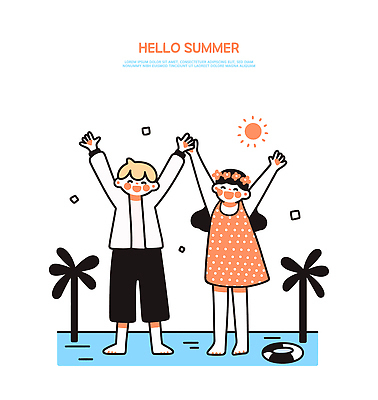 컬러 일러스트 가족 모션 물놀이 놀이 웃음 풍경 해변 여름 친구 야자수 햇빛 태양 자유 즐거움 환영 손흔들기 국내일러스트 AI파일 자연요소 나무 계절 감정 바다 컨셉 관계 표정 파일형식 벡터