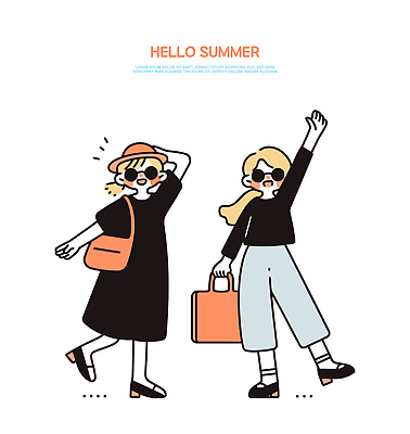 모자 여자 패션 감정 가방 일러스트 바지 모션 거리 웃음 캐주얼 여름 친구 선글라스 햇빛 유행 즐거움 외출 블라우스 스타일 국내일러스트 AI파일 잡화 옷 계절 안경 상의 관계 하의 표정 사람 태양 파일형식 벡터