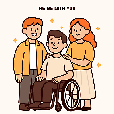 행복 일러스트 커뮤니케이션 함께함 따뜻함 웃음 친구 장애인 휠체어 소통 연대 인권 지원 포용 인간관계 국내일러스트 AI파일 감정 컨셉 관계 표정 장애 파일형식 벡터