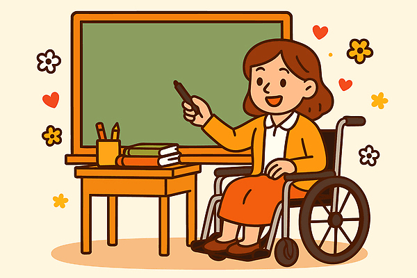 학생 여자 교육 일러스트 교실 수업 일상 책 친구 필기구 교사 주황색 칠판 강의 장애인 휠체어 소통 국내일러스트 AI파일 직업 컬러 컨셉 학교 관계 문구용품 사람 라이프 장애 파일형식 벡터