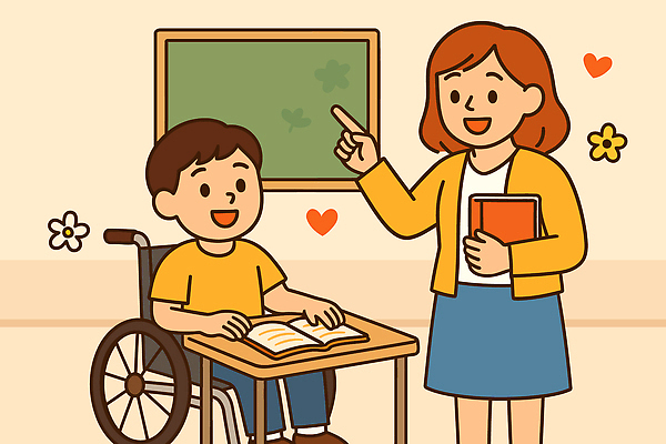 학생 교육 어린이 지도 일러스트 교실 모션 커뮤니케이션 친절 사랑 설명 책 학습 교사 교양 도움 휠체어 소통 이해 상호작용 국내일러스트 AI파일 직업 감정 컨셉 학교 사람 파일형식 벡터