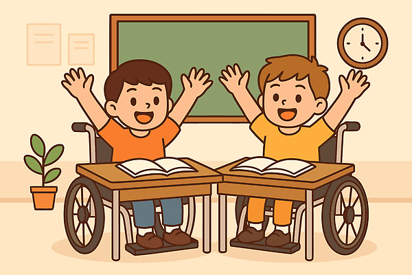 교육 행복 어린이 일러스트 교실 모션 실내 책 친구 학습 활발 기쁨 만남 휠체어 장애 소통 손흔들기 국내일러스트 AI파일 감정 컨셉 학교 관계 사람 내부 파일형식 벡터