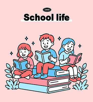 캐릭터 교육 어린이 백그라운드 일러스트 학교 놀이 일상 책 여름 친구 학습 독서 만화 즐거움 상상력 창의성 책더미 일러캐릭터 AI파일 계절 감정 관계 사람 라이프 무더기 파일형식 벡터