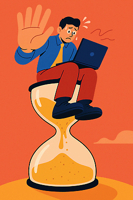 JPG 상징 일러스트 스트레스 아이디어 직장 노트북 사무실 디지털 시간 작업 사무원 불안 집중 모래시계 고민 열정 압박 일과 국내일러스트 AI일러스트 AI콘텐츠 직업 감정 모래 시계 컨셉 회사 비즈니스 전자제품 파일형식