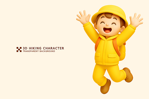 PSD 편집이미지 캐릭터 디자인 어린이 배낭 웃음 달리기 노란색 3D 귀여움 등산 기쁨 하이킹 애니메이션 편집3D 감정 컬러 컨셉 가방 모션 레저 표정 사람 트래킹 디지털합성 파일형식
