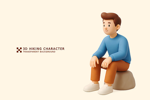 PSD 편집이미지 캐릭터 디자인 남자 자연 휴식 3D 귀여움 등산 하이킹 바위 스웨터 애니메이션 편집3D 컨셉 상의 레저 사람 트래킹 돌_바위 디지털합성 생태계 파일형식
