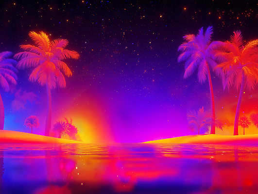 JPG 편집이미지 컬러 섬 여행 자연 하늘 휴식 열대 풍경 물 빛 야자수 반사 평화 고요 저녁 신비 뷰티풀 사이버펑크 편집실사 AI컴퓨터그래픽 AI콘텐츠 자연요소 나무 컨셉 야간 CG 생태계 파일형식 SF