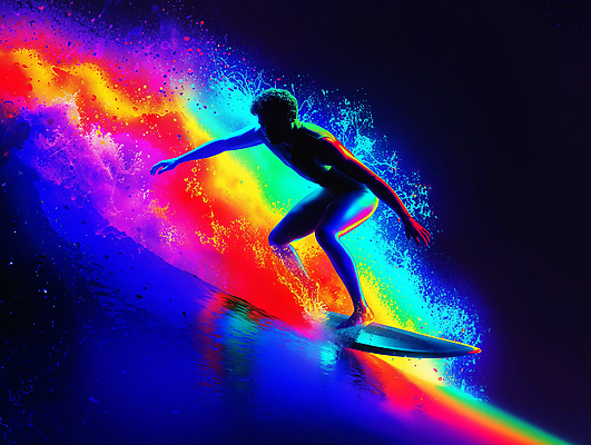 JPG 편집이미지 물결 스포츠 파도 바다 컬러 백그라운드 무지개 사람 물 운동 자유 수상스포츠 서핑 즐거움 역동적 열정 장면 순간 사이버펑크 편집실사 AI컴퓨터그래픽 AI콘텐츠 자연요소 감정 컨셉 건강 CG 파일형식 SF