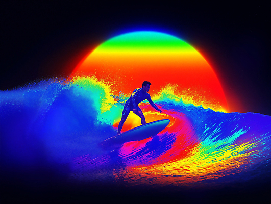 JPG 편집이미지 남자 스포츠 파도 바다 컬러 모션 자연 레저 해변 여름 햇빛 노을 서핑 즐거움 서퍼 사이버펑크 편집실사 AI컴퓨터그래픽 AI콘텐츠 자연요소 계절 감정 운동선수 사람 태양 수상스포츠 CG 생태계 파일형식 SF