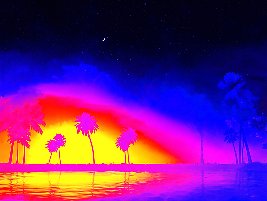 JPG 편집이미지 바다 컬러 여행 자연 하늘 휴식 풍경 물 야자수 평화 심해 고요 일몰 조화 대칭 수평선 경관 국경 사이버펑크 편집실사 AI컴퓨터그래픽 AI콘텐츠 자연요소 나무 컨셉 노을 바닷속 CG 생태계 파일형식 SF