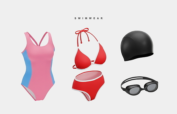 PSD 편집이미지 디자인 패션 수영복 스포츠 분홍색 빨간색 여름 비키니 3D 수영 물안경 수영용품 수영모 스타일 편집3D 옷 계절 스포츠용품 컬러 수상스포츠 디지털합성 파일형식