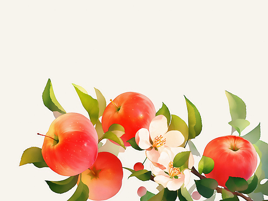 JPG 식물 디자인 꽃 예술 백그라운드 과일 일러스트 자연 빨간색 초록색 봄 사과 오브젝트 그림 조경 화사함 조화 뷰티풀 국내일러스트 AI일러스트 AI콘텐츠 계절 컬러 컨셉 생태계 파일형식