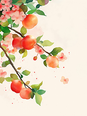 JPG 나무 디자인 꽃잎 꽃 컬러 잎 과일 일러스트 자연 생명 가지 수채화 미술 풍경 초록색 봄 촉촉함 조화 뷰티풀 국내일러스트 AI일러스트 AI콘텐츠 식물 계절 채소 문화예술 젖음 생태계 파일형식